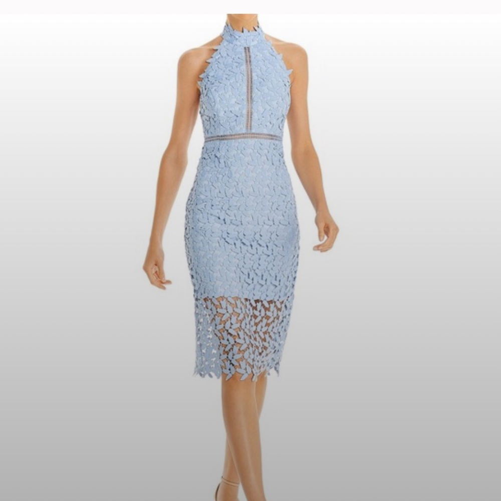 Bardot Lace Overlay Blue Halter Dress